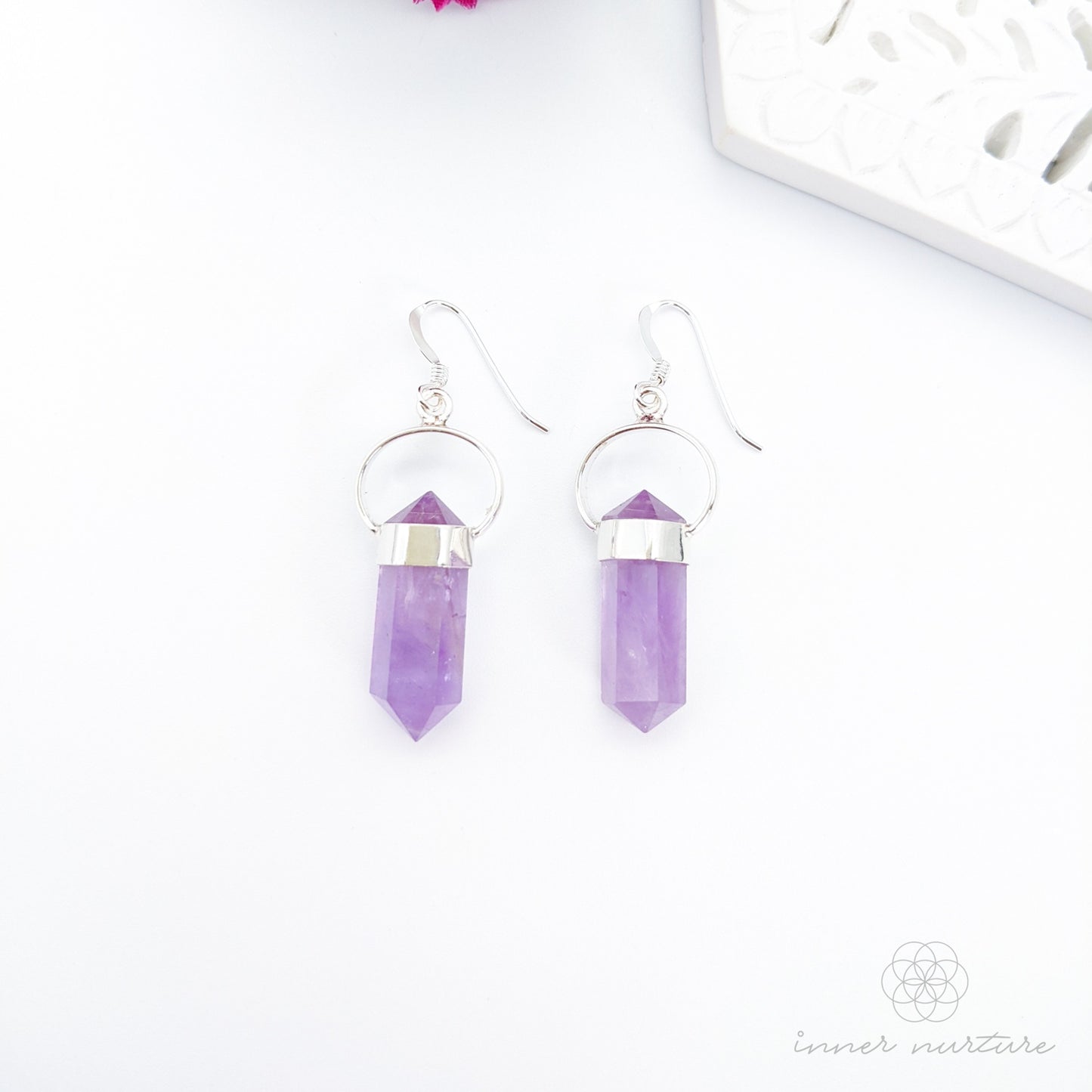 Amethyst Mini Double Terminated Crystal Point Dangle Drop Earrings - Sterling Silver | Crystal Necklaces & Jewellery Australia