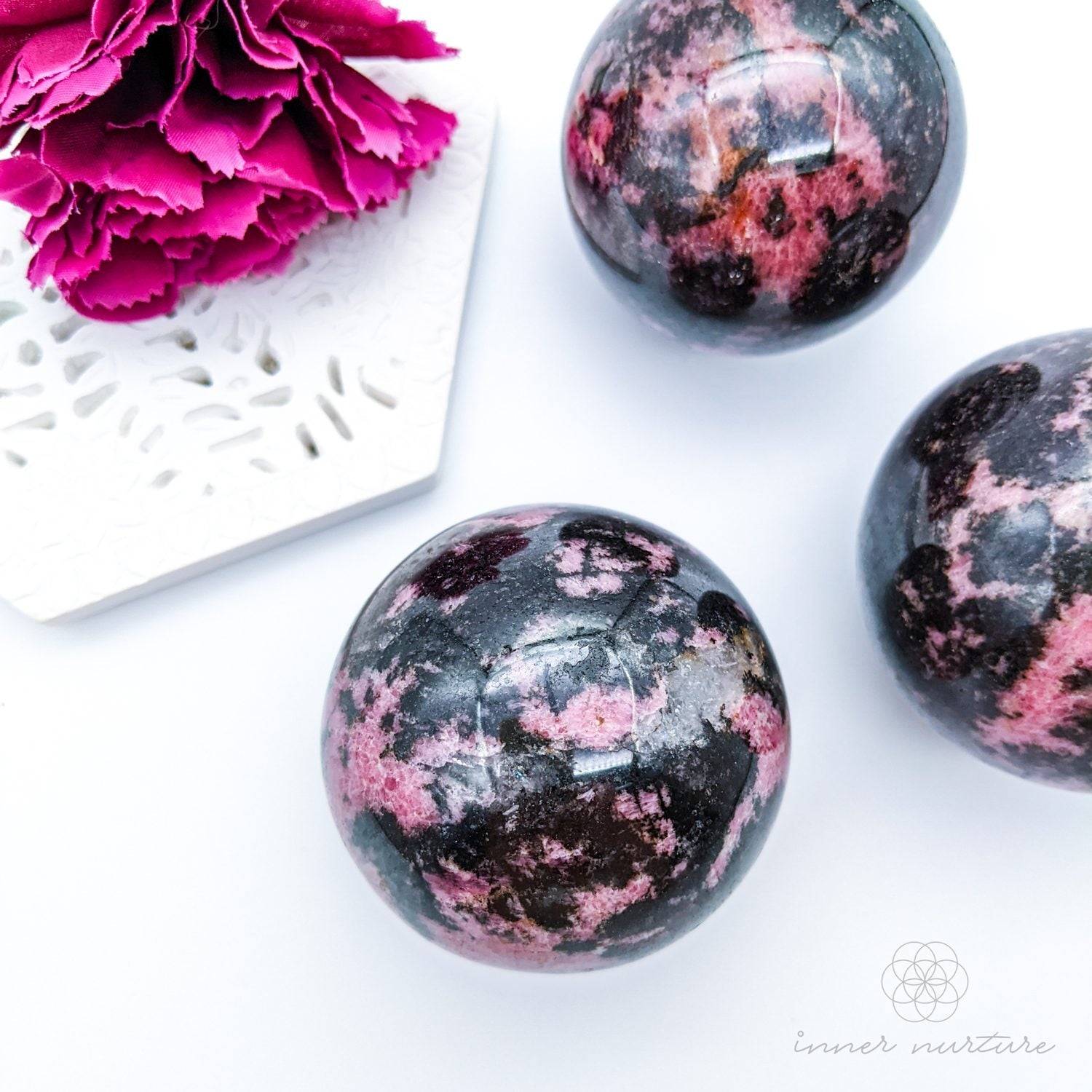 rhodonite sphere, polished, hand carved - inner nurture australia