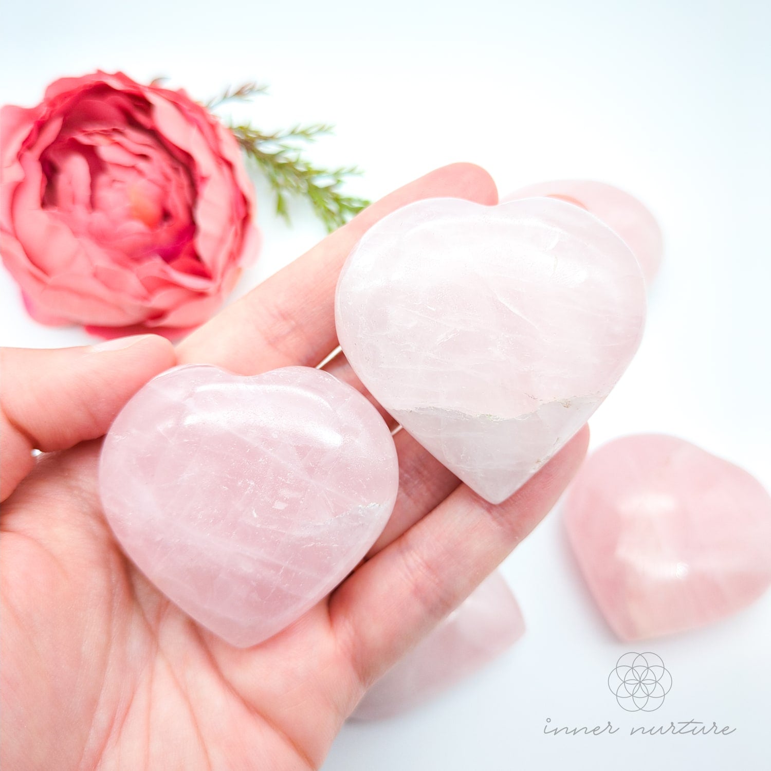 rose quartz crystal heart, hand carved, polished - inner nurture australia