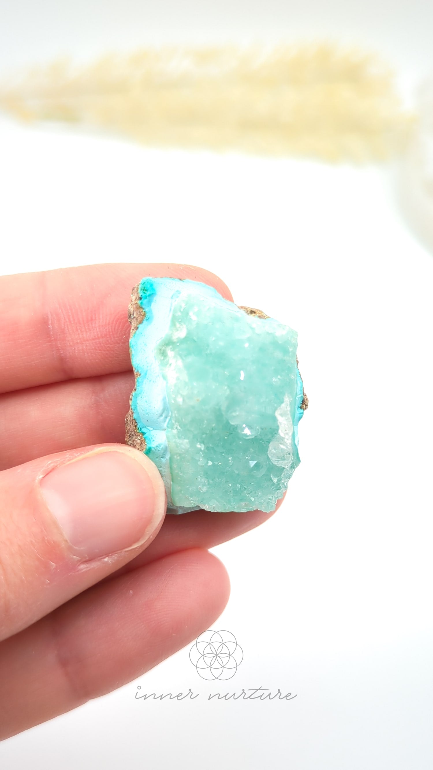 Turquoise crystal held in a hand with a blurred background. Malacolla Specimen, Drusy Coated On Dolomite - #4 at Crystal Shop Online Australia called Inner Nurture
