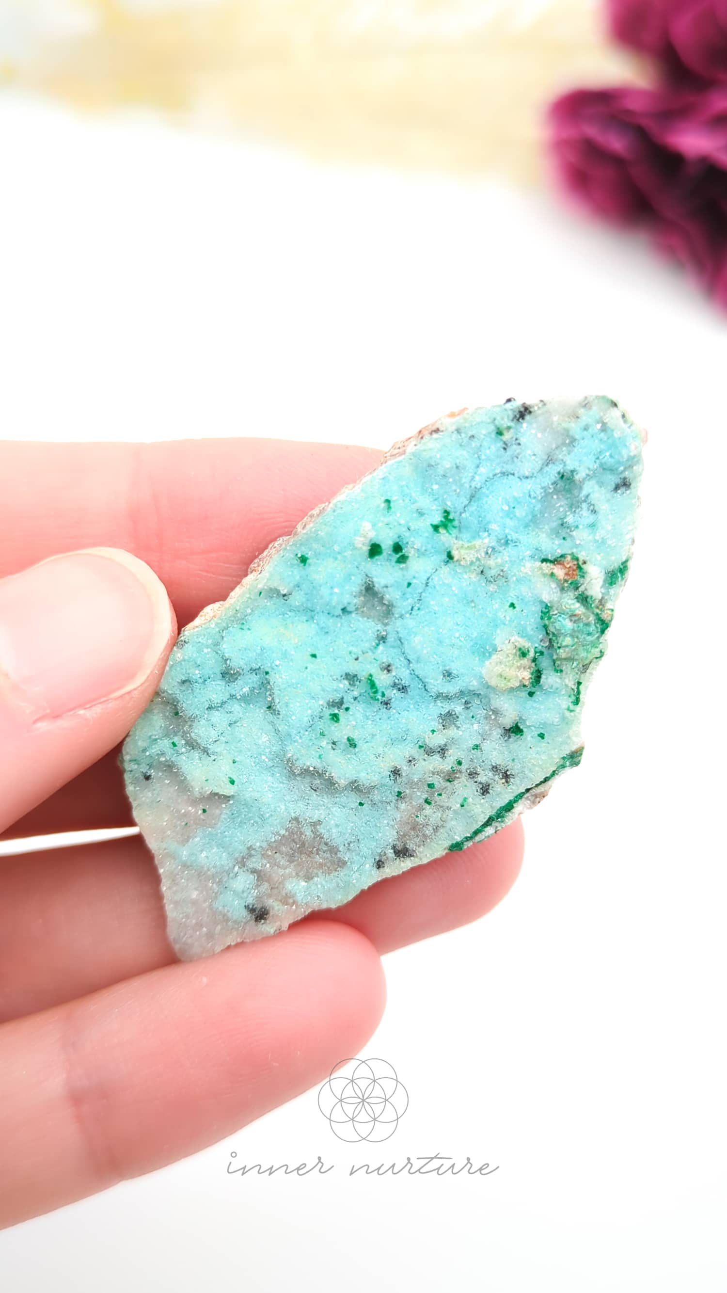 Turquoise-colored crystal or mineral held in a hand with a blurred background. Malacolla Specimen, Drusy Coated On Dolomite - #5 at Crystal Shop Online Australia called Inner Nurture