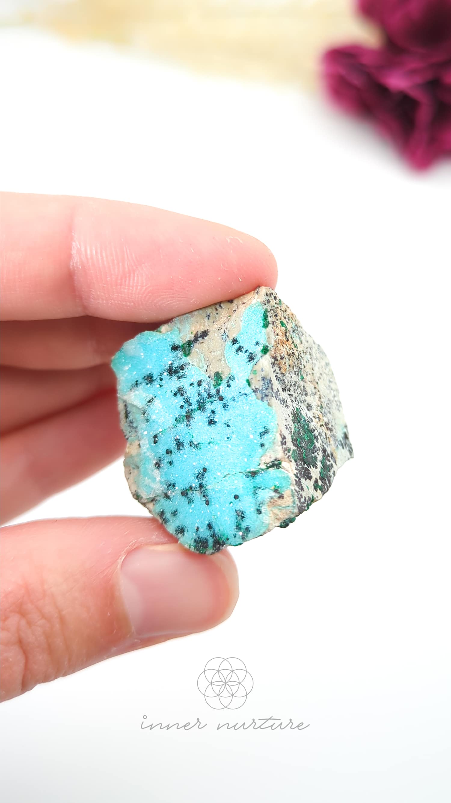 Hand holding a turquoise stone with a blurred background. Malacolla Specimen, Drusy Coated On Dolomite - #11 at Crystal Shop Online Australia called Inner Nurture
