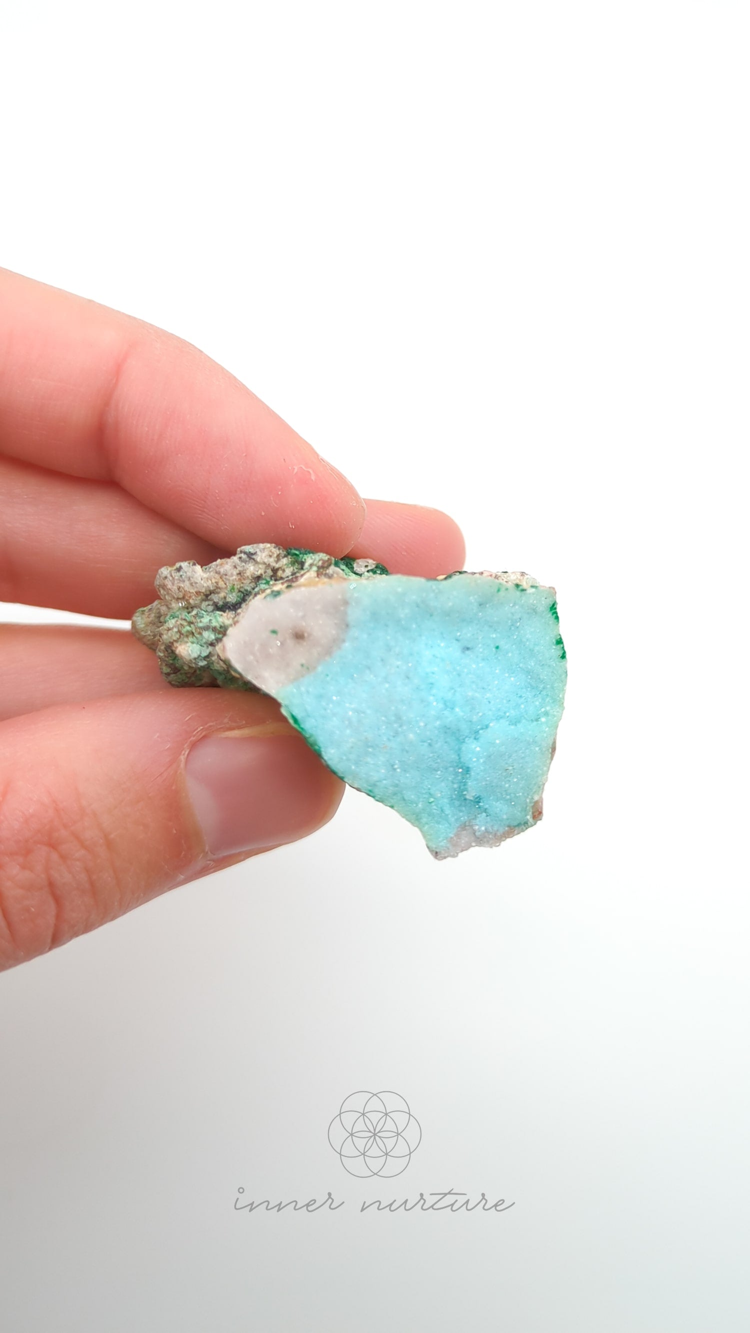 Hand holding a piece of turquoise crystal against a white background. Malacolla Specimen, Drusy Coated On Dolomite - #18 at Crystal Shop Online Australia called Inner Nurture