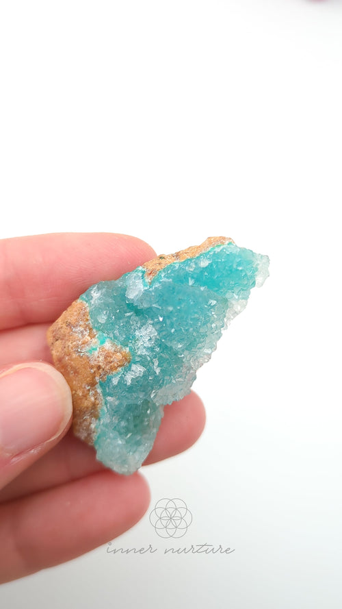 Hand holding a piece of turquoise crystal against a white background. Malacolla Specimen, Drusy Coated On Dolomite - #22 at Crystal Shop Online Australia called Inner Nurture