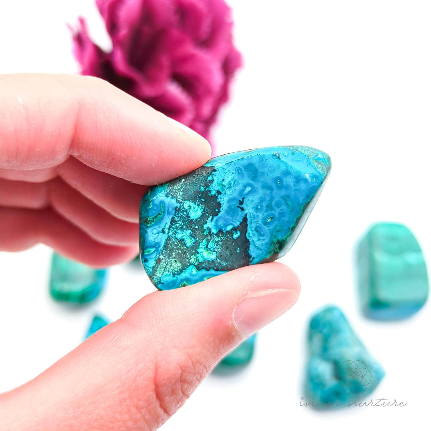 Blue green stone held in hand, with more stones in the background and a white and purple flower. Malacolla sold at Inner Nurture, an online crystal shop in Australia. 
