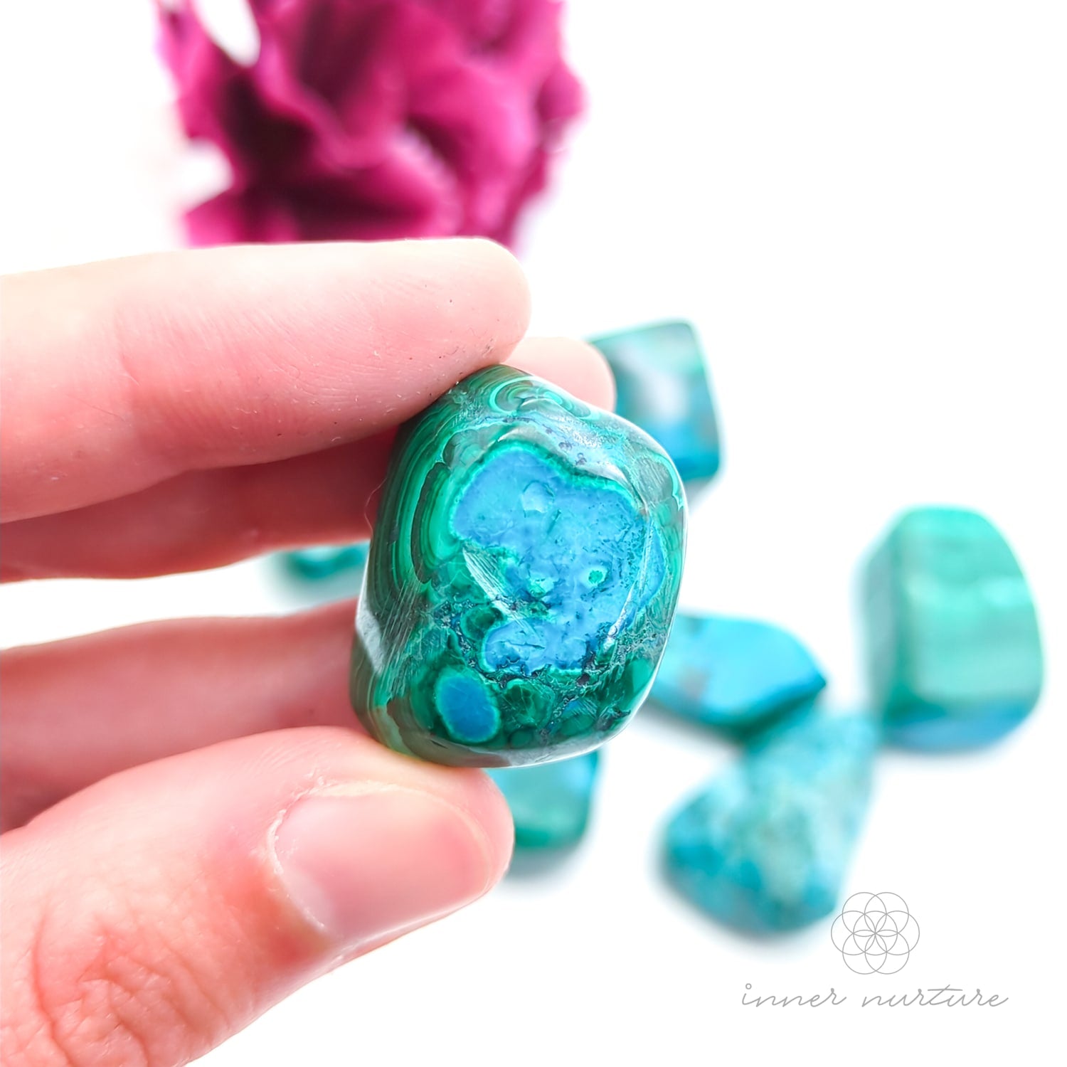 Blue green stone held in hand, with more stones in the background and a white and purple flower. Malacolla sold at Inner Nurture, an online crystal shop in Australia. 