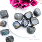 Labradorite semi-polished tumbles with a white background and pink flower. Sold online in Australia at Inner Nurture. 