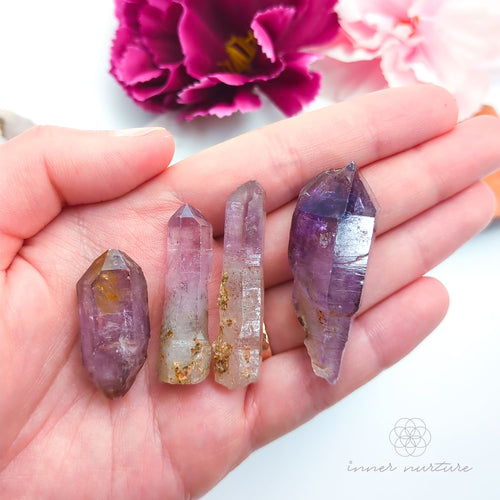 Four crystal points held in a hand with pink flowers in the background. Natural Amethyst raw stone sold online in Australia at Inner Nurture. 