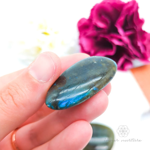 Hand holding a polished labradorite stone with a blurred background of flowers. Labradorite palm stone available at Inner Nurture, an online crystal shop in Australia.