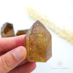 Hand holding a brown crystal with a blurred background. Set of crystal points on a white background with 'inner nurture' branding. Citrine (Natural) Tower for Abundance & Manifestation | Crystals Australia Inner Nurture