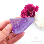Hand holding a purple crystal with a pink flower in the background. Amethyst Free Form #3 for Calm & Clarity | Crystals Australia