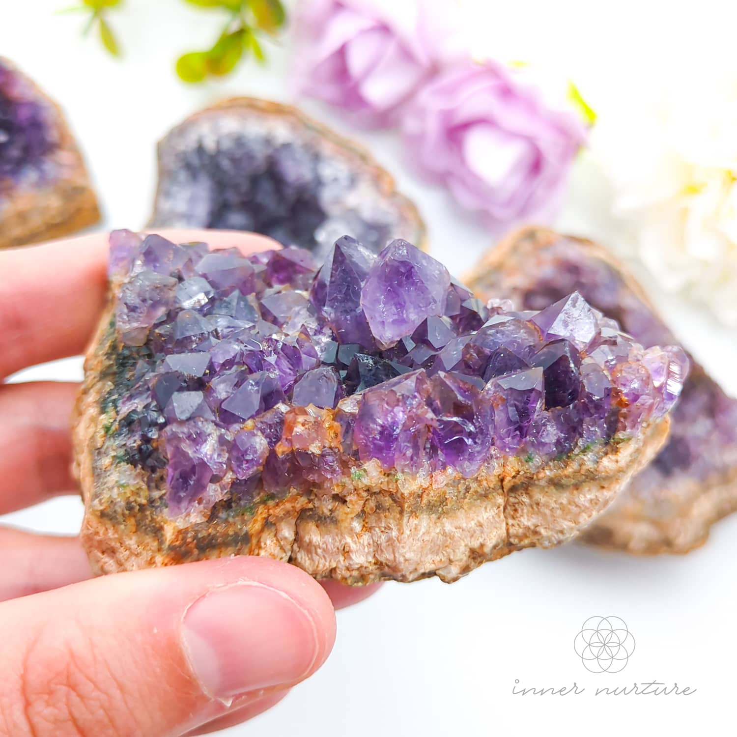 Amethyst crystal cluster held by a hand with blurred background. Amethyst crystal cluster available online at Inner Nurture Crystals Australia