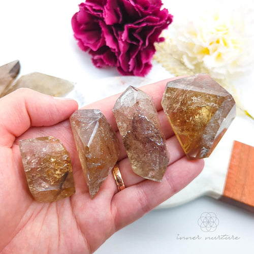 Hand holding four crystal rocks with a blurred background of flowers. Citrine (Natural) Free Form for Abundance & Manifestation | Crystals Australia Inner Nurture