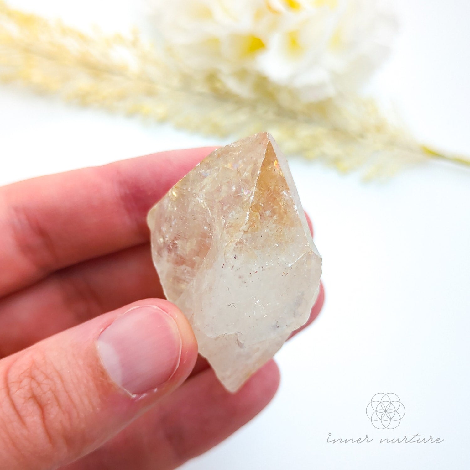 Hand holding a crystal with a blurred natural background. Citrine crystal available online at Inner Nurture Crystals Australia