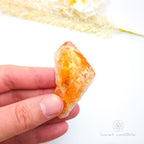Hand holding a large orange crystal with dried plants in the background. Citrine crystal available online at Inner Nurture Crystals Australia