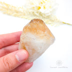 Hand holding a crystal with dried flowers in the background. Citrine crystal available online at Inner Nurture Crystals Australia