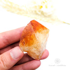 Hand holding a clear orange crystal with a blurred natural background. Citrine crystal available online at Inner Nurture Crystals Australia