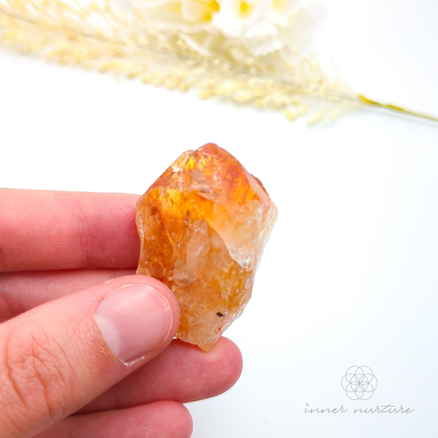 Hand holding a rough orange crystal with a blurred natural background. Citrine crystal available online at Inner Nurture Crystals Australia