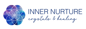 Logo For Inner Nurture Crystals & Healing. A blue and purple symbol with logo text next to it