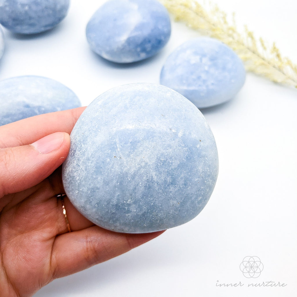 Blue Calcite Palm Stone (Polished Gallet) - Beautiful, High Vibe Crystals | Inner Nurture