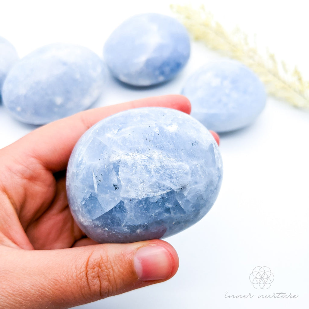 Blue Calcite Palm Stone (Polished Gallet) - Beautiful, High Vibe Crystals | Inner Nurture