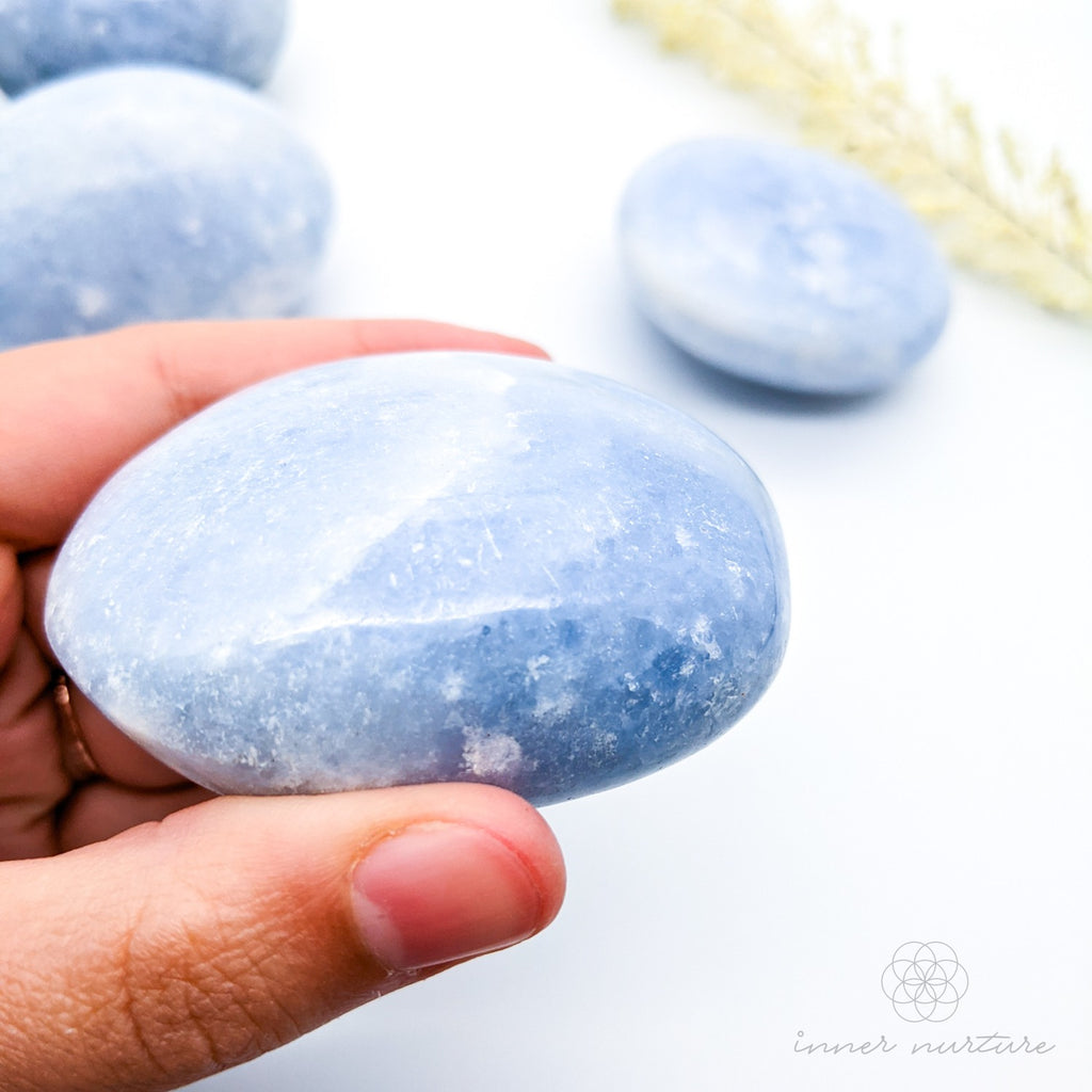 Blue Calcite Palm Stone (Polished Gallet) - Beautiful, High Vibe Crystals | Inner Nurture