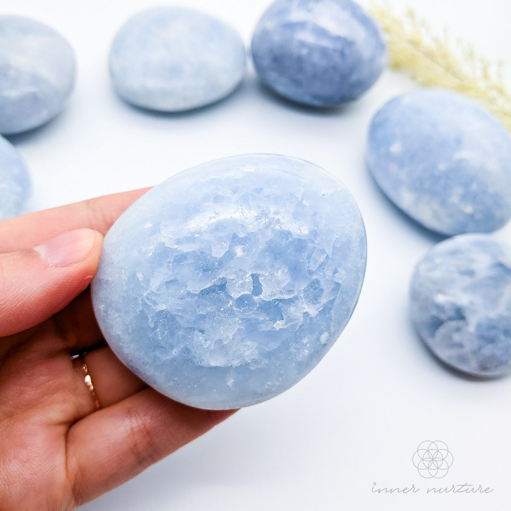 Blue Calcite Palm Stone (Polished Gallet) - Beautiful, High Vibe Crystals | Inner Nurture