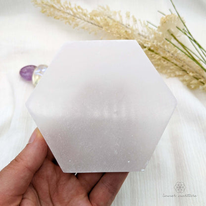 Selenite Charging Plate - Hexagonal | 10cm - Crystal Shop Australia | Inner Nurture - Ethically Sourced - Buy Crystals Online