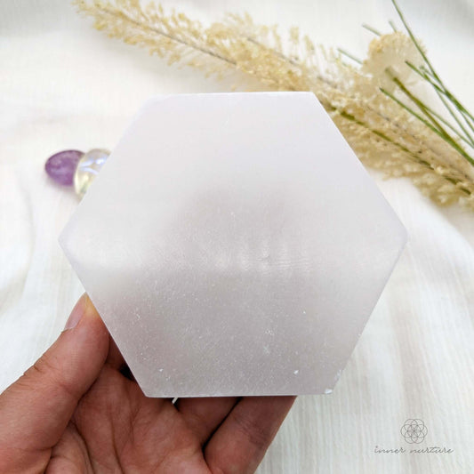 Selenite Charging Plate - Hexagonal | 10cm - Crystal Shop Australia | Inner Nurture - Ethically Sourced - Buy Crystals Online