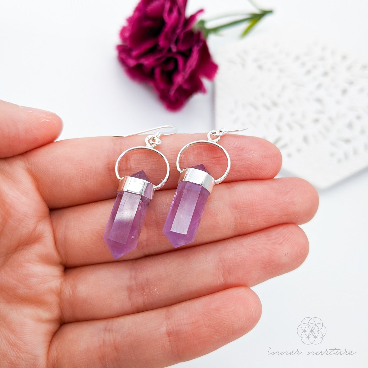 Amethyst Mini Double Terminated Crystal Point Dangle Drop Earrings - Sterling Silver | Crystal Necklaces & Jewellery Australia