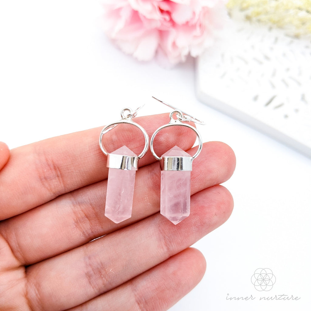 Rose Quartz Crystal Earrings (Mini Double Terminated) - Sterling Silver | Crystal Earrings & Jewellery Australia
