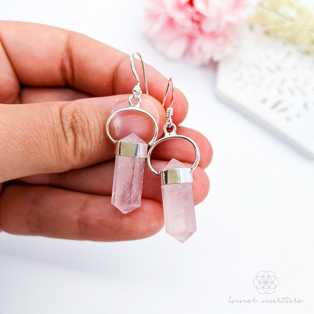 Rose Quartz Crystal Earrings (Mini Double Terminated) - Sterling Silver | Crystal Earrings & Jewellery Australia